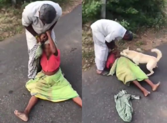 인도의 한 아들이 어머니의 재산을 빼앗으려고 길거리에서 폭행하는 영상이 공개됐다. (트위터 갈무리) © 뉴스1