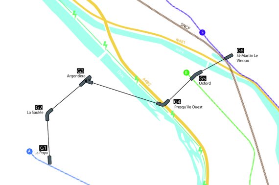 프랑스 그르노블시는 남서부와 북부 사이에 두 개의 강, 고속도로와 철도가 있어서 과학연구단지인 페닌슐라로 이동이 어려운 지형 조건이다. 이에 시 당국은 공중으로 이동하는 메트로케이블 설치를 확정했다. 사진은 남서부에서 페닌슐라를 지나 북부로 닿는 메트로케이블 노선. © 그르노블 광역교통위원회(SMMAG)