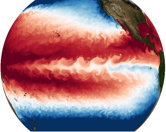 적도 태평양에서 보이는 물결 모양 구조의 차가운 해수 흐름이 열대 불안정파를 나타낸다. 이 시뮬레이션은 IBS의 슈퍼컴퓨터 알레프(Aleph)를 이용했다. IBS 제공