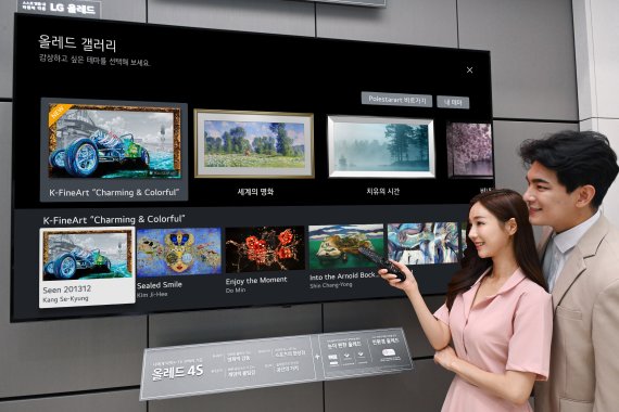 LG전자 모델들이 'LG 올레드 TV'에 탑재된 '올레드 갤러리' 앱을 통해 국내 작가들의 미술 작품을 감상하고 있다. LG전자 제공