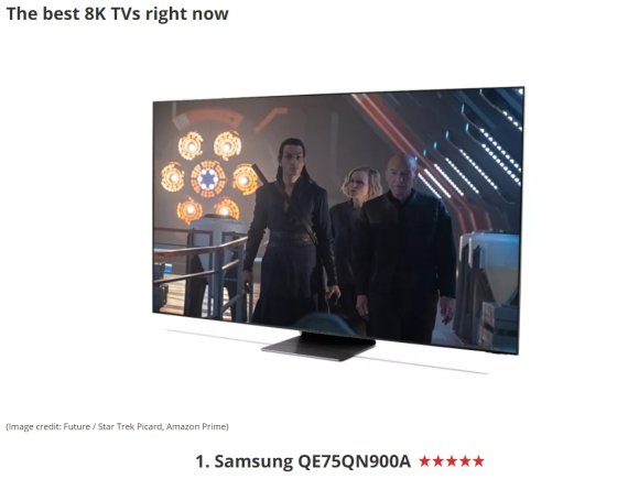 영국의 음향·영상 전문매체 '왓하이파이(What Hi-Fi)가 최근 발표한 '2021년 최고의 8K 해상도 TV'(Best 8K TVs 2021) 명단에서 삼성전자의 2021년형 'Neo QLED 8K'(모델명 QE75QN900A) 제품이 1위로 뽑혔다.(사진=왓하이파이 홈페이지) © 뉴스1