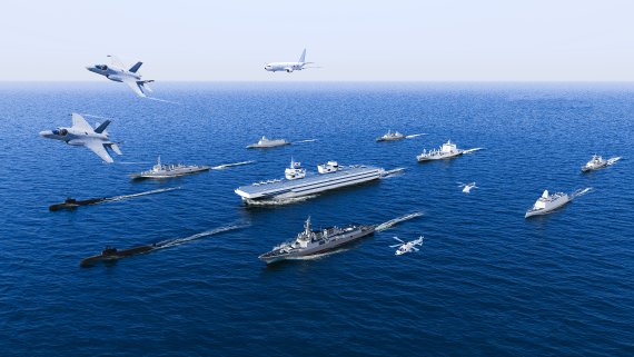 지난 6월 부산 벡스코, 국제해양방위산업전(MADEX)에서 선보인 항공모함 전투단 개념도. 자료=해군 제공