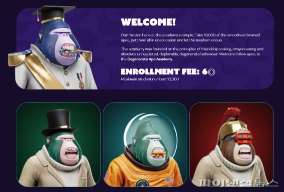 지난 8월29일 1만개 한정 발행된 솔라나 기반 NFT '퇴화된 유인원 아카데미(DAA·Degenerate Ape Academy)는 발행 8분만에 완판됐다. 1만개 한정 발행으로 희소성이 높게 평가받아 인기를 끌고 있다. DAA는 이더리움 기반의 인기 NFT '지루한 원숭이들의 요트클럽'(BAYC, Bored Ape Yacht Club)과 유사하지만 3D로 만들어졌다. 퇴화된 유인원 아카데미 홈페이지 캡쳐/사진=fnDB