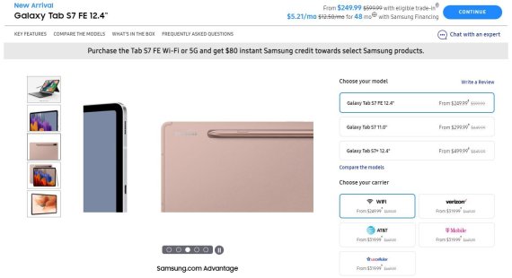 국내 시장에는 셀룰러 모델만 출시했던 삼성전자는 미국 시장에서는 '와이파이 모델'을 포함한 전 제품을 출시했다. (삼성닷컴 미국 갈무리) © 뉴스1