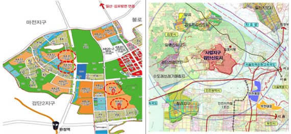 인천 검단신도시 누구나집 토지이용계획도(왼쪽)와 위치도.