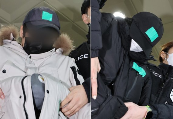 돌보던 초등학생 조카를 학대해 사망에 이르게 한 40대 부부가 17일 오후 경기도 용인동부경찰서에서 검찰 송치를 위해 호송되고 있다. 2021.2.17/뉴스1 © News1 조태형 기자
