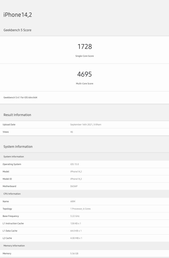 16일 업계에 따르면 CPU 성능 등을 수치화하는 벤치마크 사이트 긱벤치5에는 아이폰13프로를 가리키는 것으로 보이는 'iPhone14,2' 의 수치가 업로드 됐다. (긱벤치 갈무리) © 뉴스1