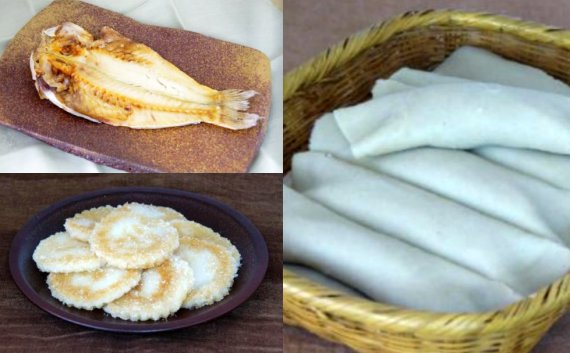 제주 명절 차례상에는 옥돔구이(왼쪽 상단), 기름떡(왼쪽 하단), 빙떡(오른쪽) 등 이색적인 향토음식이 오른다.(제주도 발간 '제주인의 지혜와 맛 전통향토음식' 갈무리)© 뉴스1