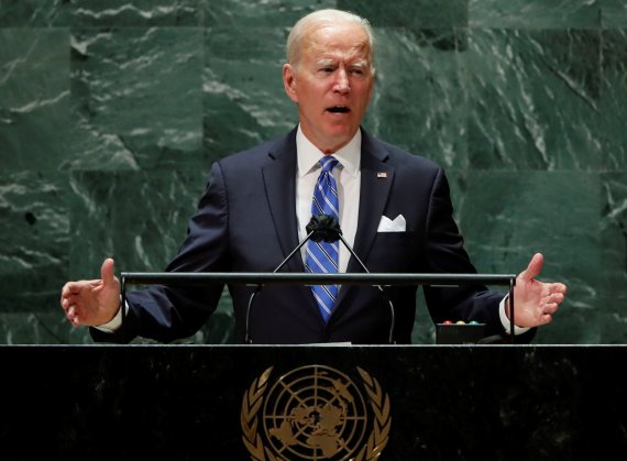 조 바이든 미국 대통령이 21일(현지시간) 미국 뉴욕에서 열린 유엔 총회에서 연설하고 있다.로이터뉴스1