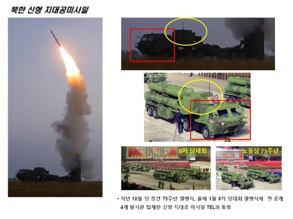 북한 반항공미사일 분석. 전문가들은 북한이 이번에 시험발사한 새 대공미사일에 대해 작년 10월 당 창건 75주년 기념 열병식 때 공개한 신형 미사일일 것으로 추정하고 있다. 북한이 작년에 공개한 신형 지대공미사일은 러시아제 중장거리 미사일 S-400(나토명 SA-21)과 유사하게 생겼다. '번개-5호'와 달리 2단 추진체가 적용된 것으로 보인다.(자료=한국국방안보포럼 제공)사진=뉴시스