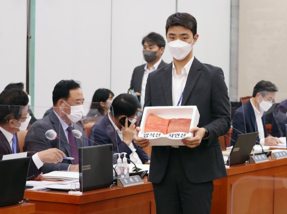 연어·강아지인형 등장한 국감　더불어민주당 윤재갑 의원이 7일 국회 농림축산식품해양수산위원회 해양수산부 국정감사에서 문성혁 해양수산부 장관에게 보좌관이 든 양식과 자연산 연어의 차이에 대해 질의하고 있다. 같은 날 송석준 국민의힘 의원이 국토교통위원회의 한국토지주택공사(LH), 국토안전관리원, 주택관리공단, 건설기술교육원 등에 대한 국정감사에서 대장동 개발에 빗대어 '양두구육(羊頭狗肉)'을 말하고 있다. 뉴시스