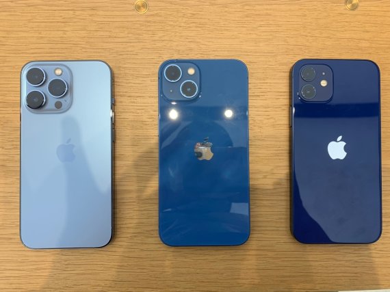 애플이 8일 '아이폰13'을 국내 출시했다. 사진은 아이폰13의 파란색 색상을 전작과 비교한 모습. 왼쪽부터 아이폰13 시에라 블루, 아이폰13 블루, 아이폰12 블루. © 뉴스1