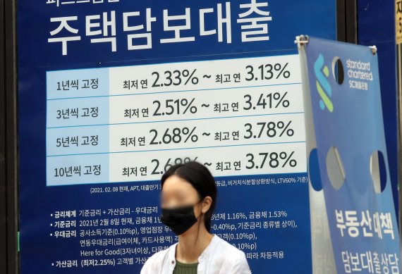 5일 서울 강남구 한 은행에 대출 관련 안내 광고가 붙어 있다. . 2021.10.5/뉴스1 © News1 김명섭 기자