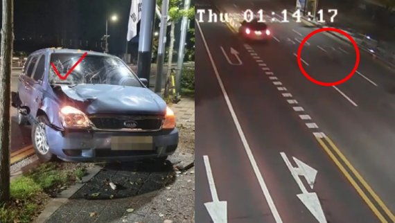가해자는 여성을 친 뒤 인근 도로 옆 화단을 들이받는 사고를 냈다. (유튜브 '한문철TV' 갈무리) © 뉴스1
