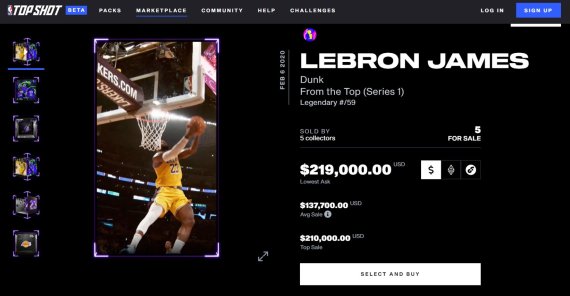 NBA 탑샷에서 NBA 농구스타 르브론 제임스의 슬램덩크 영상이 NFT로 만들어져 21만9000달러에 팔렸다. /사진=NBA 탑샷