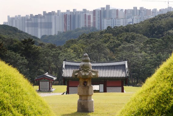 김포시 장릉(사적 제202호)에서 문제의 검단 신도시 아파트가 보이고 있다. /사진=뉴시스화상