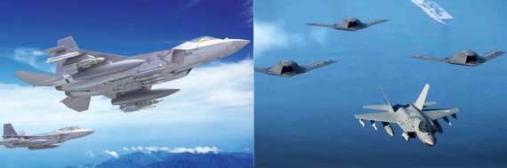 KF-21 보라매 비행 이미지(좌측). KF-21과 무인기 '가오리-X'와 공동작전 수행하는 이미지(우측). 우리 공군도 과학기술의 혁신적 발전에 따라 가속화되고 있는 무기체계와 군사 전략개념의 변화를 반영한 전투기 전력을 구축해야 한다는 계획을 수립하고 있다. 6세대 전투기에는 유·무인 복합체계 운영개념이 필수로 전장상황 인식의 우위를 점하고 우군 유인 전투기의 생존성을 높임으로써 공중우세를 더욱 빠르게 확보하는 공중우세를 좌우하는 핵심이 될 전망이다. 이미지=한국항공우주산업(KAI)