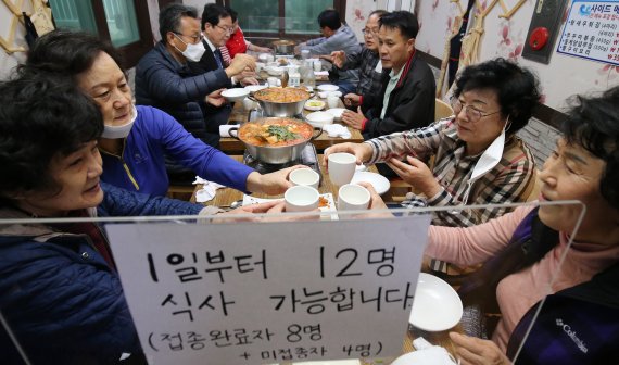 단계적 일상회복이 시작된 1일 대전 서구에 위치한 한 음식점에서 12명 단체 이용객이 식사를 하고 있다. 2021.11.1/뉴스1 © News1 김기태 기자