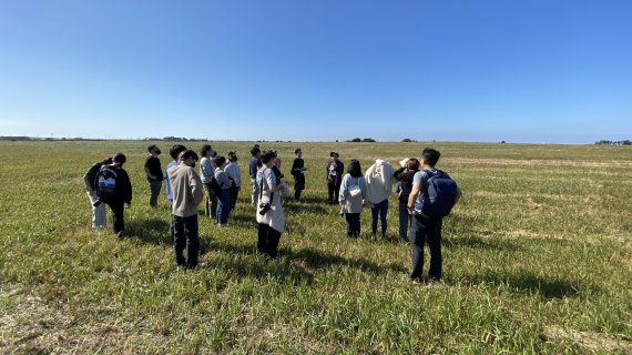태평양 전쟁 말기 일본군이 만든 제주 알뜨르 비행장을 워크숍 맴버들이 둘러 보고 있다. 일본군의 탄약창고가 나중에 미군정에 의해 폭파되었는데 그 자리에서 4.3 때 제주 민중이 학살당했다.(김명준 감독 제공) © 뉴스1