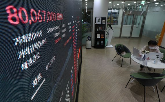 8일 오후 서울 서초구 빗썸 고객지원센터 전광판에 표시된 비트코인 가격이 8000만원을 돌파하고 있다. 뉴스1