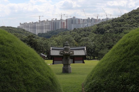 경기도 김포시 풍무동 장릉(사적 제202호)에서 인천 서구 검단신도시에 짓고 있는 아파트 단지가 보이고 있다. /뉴스1 © News1 박세연 기자