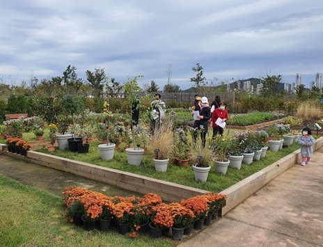 국립세종수목원 관람객들이 정원식물 선호도 조사에 참여하는 모습.