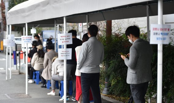 대구시 수성구 보건소 선별진료소에서 시민들이 '코로나19' 진단검사를 받기 위해 대기하고 있다. 사진=뉴시스