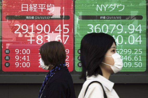 일본 도쿄 시내에서 지난 11일 코로나19 예방을 위해 마스크를 쓴 시민들이 증권사 전광판 앞을 지나고 있다. 8월 한때 2만6000여명을 기록했던 일본의 코로나 일일 신규환자는 지난 22일 50명까지 떨어졌다. 사진=AP뉴시스