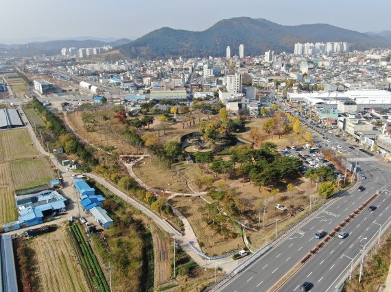 전남 광양시가 천연기념물 제235호인 광양읍수와 이팝나무가 위치하고 있는 유당공원 주변 옛 광양역사 폐선부지를 활용해 미세먼지차단숲 조성을 완료했다.사진=광양시 제공