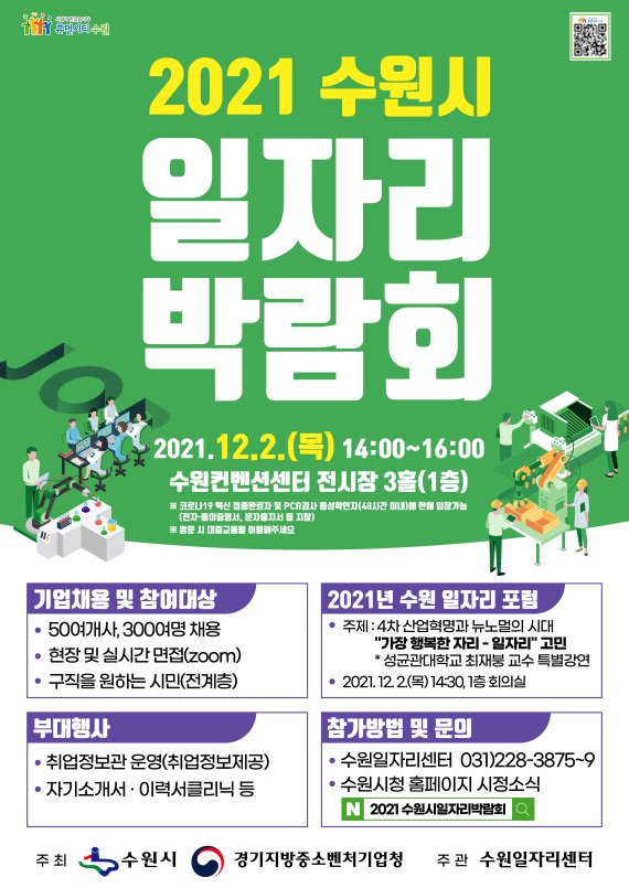 수원시, 12월2일 '일자리박람회 개최' 303명 채용