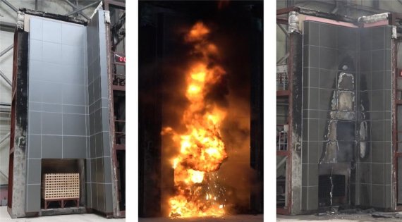 건설기술연구원 화재안전연구소가 기존의 외벽공법으로 시공한 건물벽을 화재안전시험을 진행한 결과 국제규격보다 빠른 4분 59초만에 화재가 확산됐다. 건설기술연구원 제공