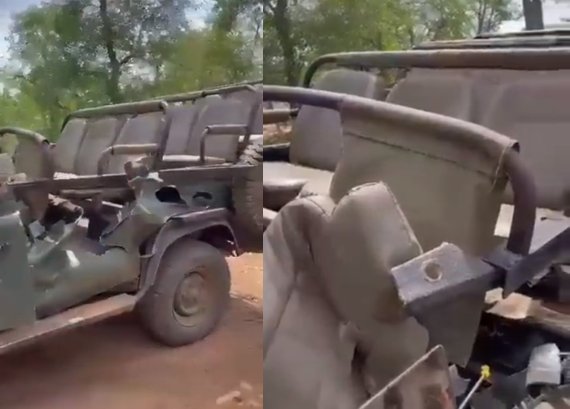수컷 코끼리의 공격을 받고 처참하게 망가진 사파리 차량의 모습. (트위터 갈무리) © 뉴스1