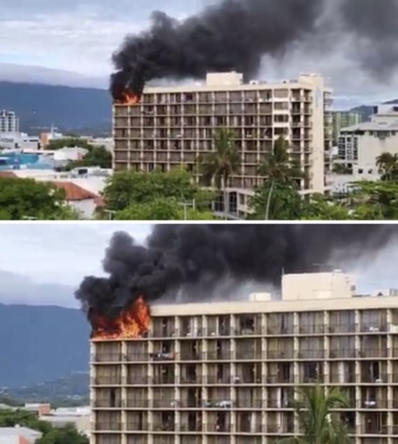 지난 달 28일 호주 퀸즐랜드의 퍼시픽호텔에서 자가격리 중이던 여성이 객실에 불을 질러 호텔이 화염에 휩싸이고 있다. 페이스북 캡처
