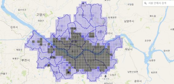 엔씨티마케팅이 개발한 '세컨서울(2nd Seoul)'의 3일 오후 5시 기준 사전신청 화면. 회색타일은 선착순 1000명이 모두 접수된 지역으로 서울 주요 상권부터 마감됐다. 2021.12.04. photo@newsis.com *재판매 및 DB 금지