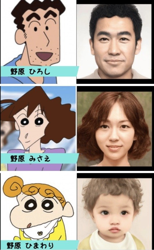 일본 유튜버 오스시가 인공지능(AI) 프로그램인 '아트브리더(Artbreeder)'로 애니메이션 '짱구는 못말려'와 '귀멸의 칼날'의 캐릭터를 실사화한 사진을 공개했다. 사진은 짱구 아빠와 엄마, 짱아를 실사화한 사진. <출처=오스시 유튜브> © 뉴스1