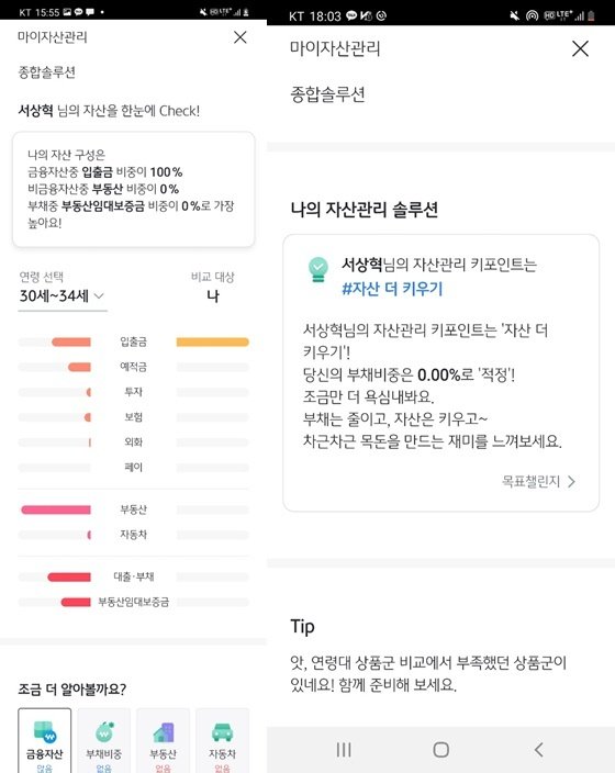 연소득이 비슷한 이들과 이용자의 자산을 비교 및 분석해주며(왼쪽)과 이용자에게 적합한 솔루션을 내려준다(오른쪽)(KB국민은행 애플리케이션 캡쳐)© 뉴스1