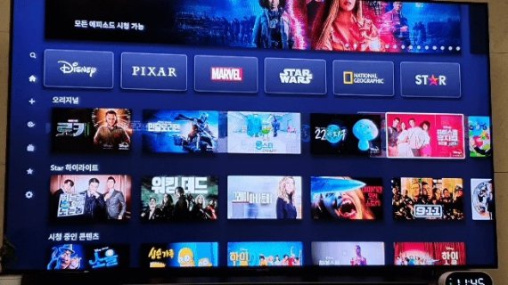 디즈니+의 메인화면에는 Δ디즈니(Disney) Δ픽사(Pixar) Δ마블(Marvel) Δ스타워즈(Star Wars) Δ내셔널지오그래픽(National Geographic) Δ스타(Star) 등 6개 핵심 브랜드가 상단에 위치해 있었다. © News1 김정현 기자