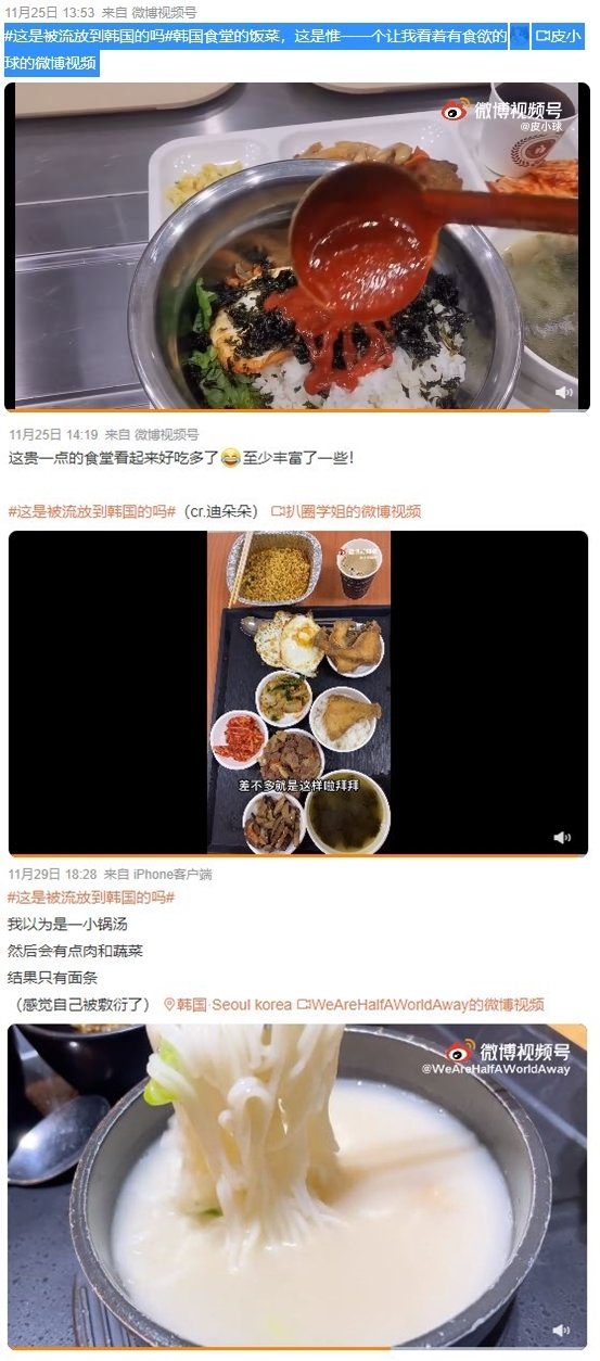 중국의 유명 SNS '웨이보'에 "한국으로유배된걸까"라는 해시태그를 검색하면 검색 결과로 나오는 국내 대학교 내 학생 식단 음식들. ('웨이보' 갈무리) © 뉴스1