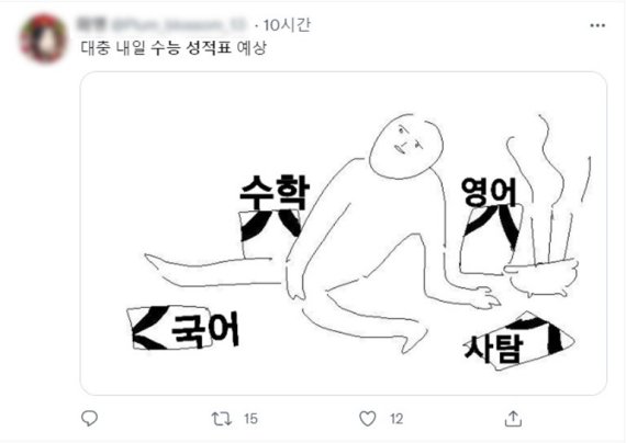 수능 성적이 낮게 나올 것을 자조하는 게시물 또한 올렸다.<div id='ad_body3' class='mbad_bottom' ></div> / 출처=트위터 캡쳐