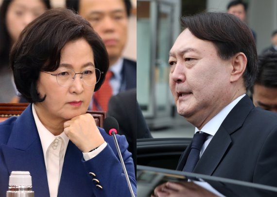 추미애· 전 법무부 장관과 윤석열 국민의힘 대선 후보. © News1