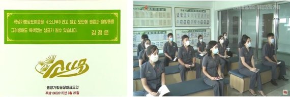 김정은 북한 조선노동당 총비서가 직접 지도한 것으로 알려진 조선산업미술창작사 평양가방공장의 '소나무' 마크 도안(왼쪽)과, 조선산업미술창작사의 상업미술 도안 합평회. <출처 = 2020년 조선중앙TV 소개편집물 '산업미술계의 여성 창작가들– 조선산업미술창작사”, 2018년 8월5일자 '조선의 오늘' 중 '다양한 주제의 산업미술도안들 창작-조선산업미술창작사에서'> © 뉴스1
