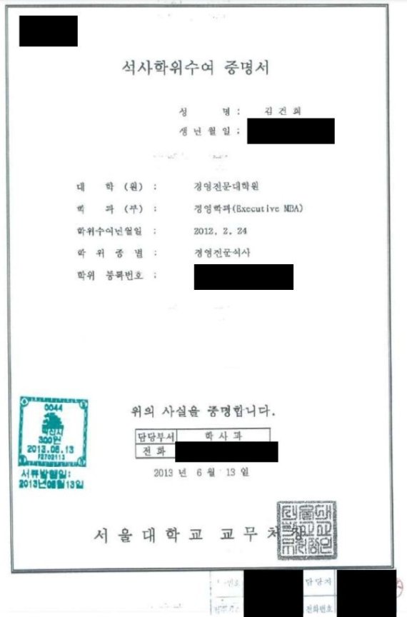 김씨의 서울대 EMBA 경영전문석사 학위 취득을 인증하는 증명서. (국민의힘 제공) © 뉴스1