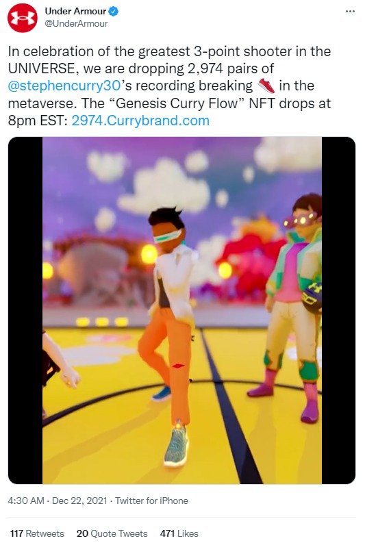 스테판 커리의 3점 슛 기록 경신을 기념해 스포츠 브랜드와 협업해 가상공간에서 사용할 수 있는 NFT 운동화가 22일(현지시간) 출시됐다. 사진은 스테판 커리의 NFT 운동화 홍보 영상. 2021.12.22/news1 © 뉴스1(트위터 갈무리)