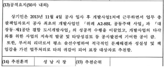 2015년 12월 고(故)김문기 성남도시개발공사 개발1처장에 대한 공적사항. 김은혜 국민의힘 의원실 제공