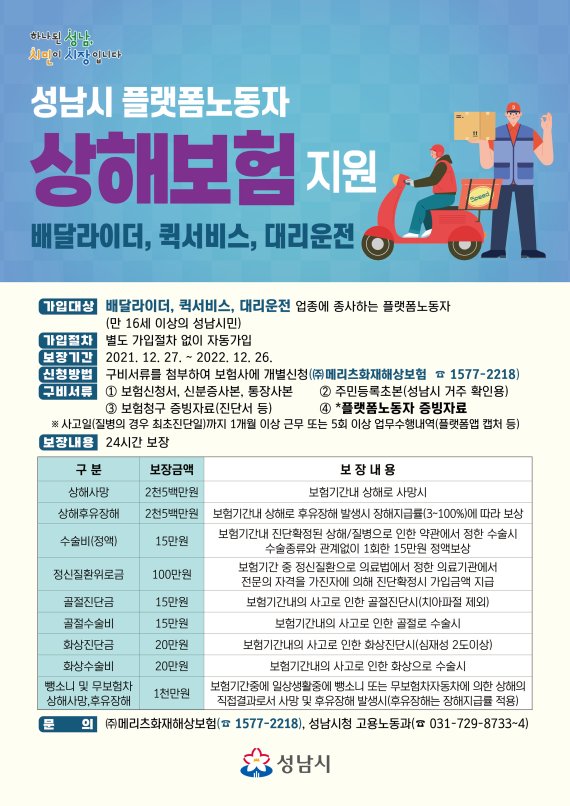 성남시, 배달·대리운전·퀵서비스 노동자 '상해보험 가입'