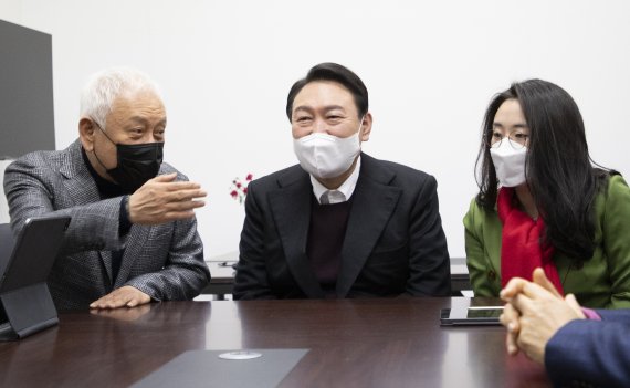 윤석열 국민의힘 대선 후보가 20일 서울 여의도 새시대준비위원회 위원장실에서 열린 영입인사 환영식에서 김한길 새시대준비위원장, 신지예 한국여성정치 네트워크 대표와 대화를 나누고 있다. 2021.12.20/뉴스1 © News1 오대일 기자