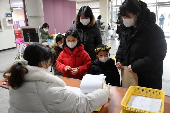 입학생들과 보호자가 선생님 안내를 받고 있다. 사진=박범준 기자