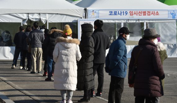 지난 6일 오전 대구 달서구 옛 두류정수장(대구시청 신청사 건립 예정지)에 마련된 임시선별검사소에서 시민들이 코로나19 진단검사를 받기 위해 순서를 기다리고 있다. 뉴시스 제공.