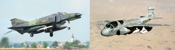 F-4G방공망 제압용 전자전기(좌). 미 공군은 베트남전 당시에 F-4C·D형에 전자장비를 추가해 방공망 제압 임무에 투입한 바 있었다. 전방·측방 감시용 레이더 안테나를 비롯해 52개의 수신/송신용 안테나와 각종 전자전 장비를 장착했다. 걸프전을 마지막으로 퇴역했다. EA-6B 프라울러(우)는 미군이 공격을 시작할 때 제일 먼저 날아가 상대의 방공망을 마비시키는 역할을 담당한 전자전기다. 병렬로 두 명씩 앞뒤로 총 4명의 승무원이 탑승하는데 그중 3명이 ECMO(Electronic Countermeasures Officers, 전