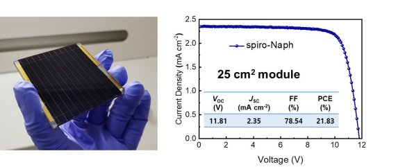 [울산=뉴시스]대면적 모듈 페로브스카이트 태양전지(왼쪽)와 효율 그래프. (사진=UNIST 제공) photo@newsis.com *재판매 및 DB 금지